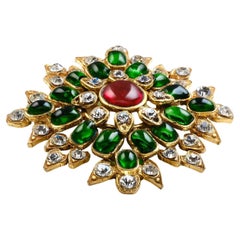 Vintage CHANEL BROOCH, green and red Gripoix glass, rhinestons, signed 1970/80, France  