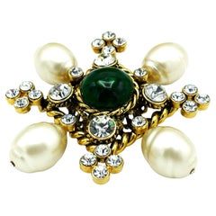 Vintage Chanel brooch, green Gripoix, handmade pearls, rhinstones, goldplated, 2CC3
