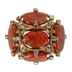 Vintage Chanel Brooch in Gilded Metal, Orange Glass Paste & Swarovski Strass, 1994