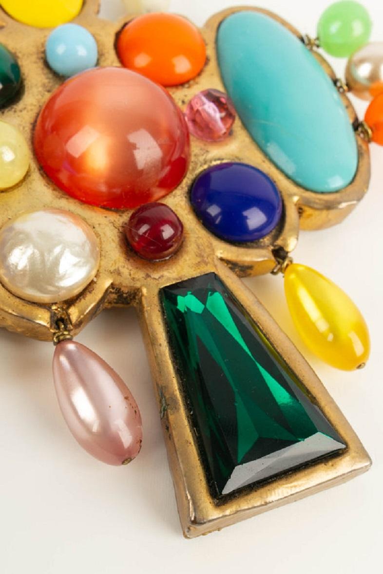 Chanel Brooch with Glass Paste Cabochons, Resin, Rhinestones and Beads, 1991 For Sale 1