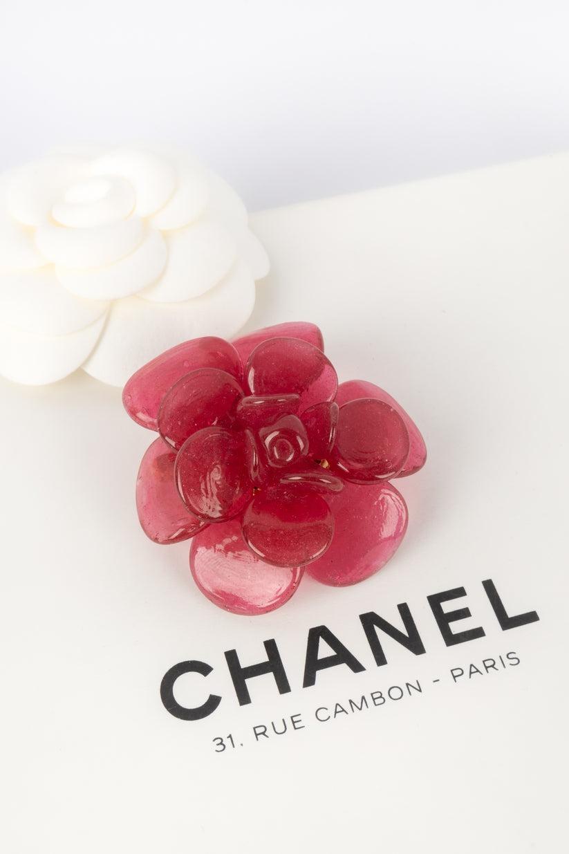 Chanel Brooch with Pink Glass Paste Camellia For Sale 3