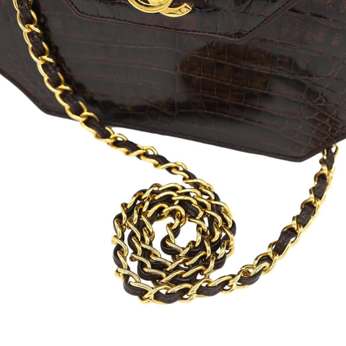 Chanel Brown Alligator Octagon Cross Body Flap Bag with Gold Hardware, 1989. For Sale 9