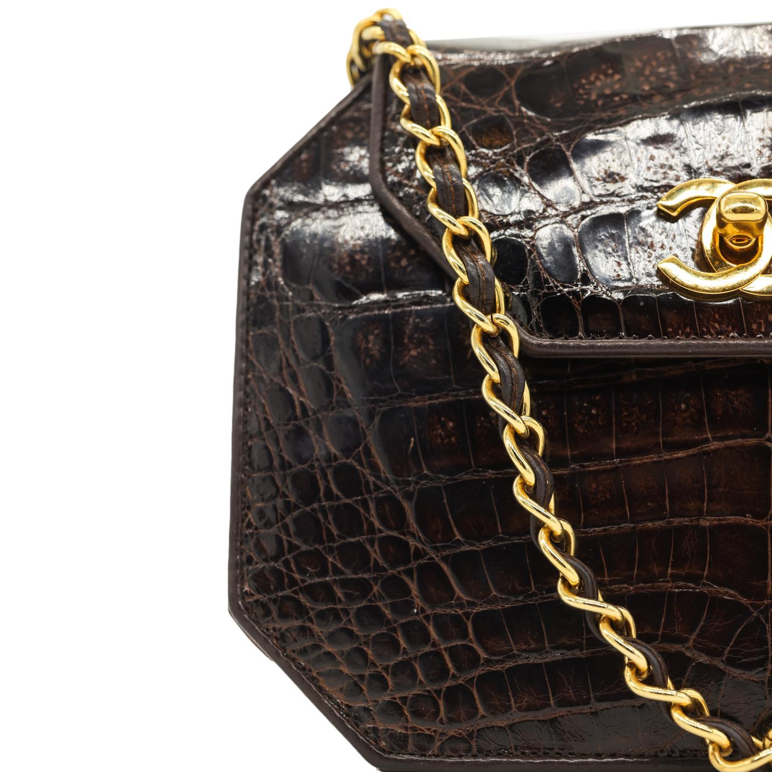 Chanel Brown Alligator Octagon Cross Body Flap Bag with Gold Hardware, 1989. For Sale 1