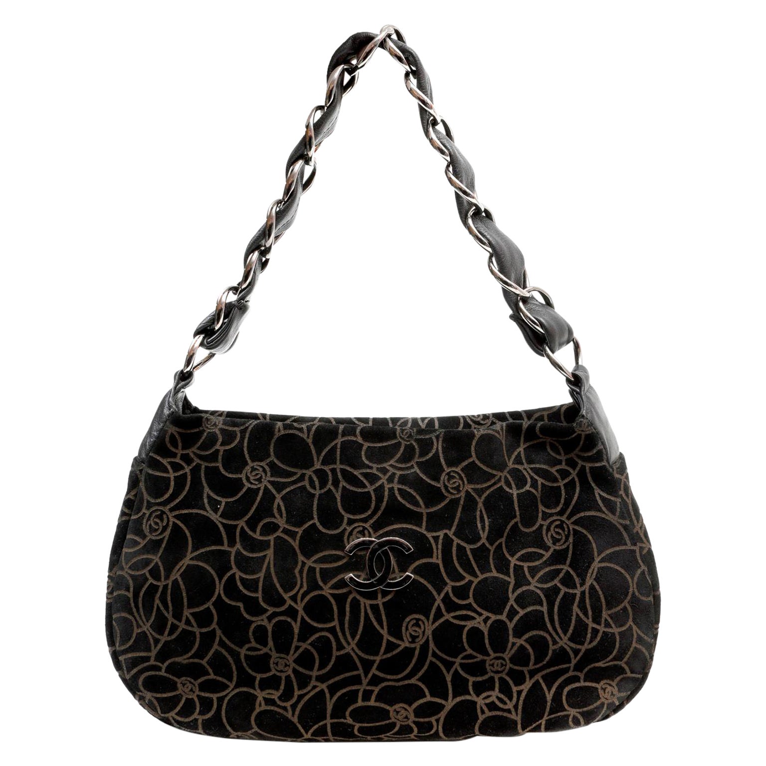 Borsa Chanel marrone e nera in pelle scamosciata con stampa a rilievo