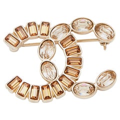 Chanel Brown & Beige Crystal CC Gold Tone Brooch