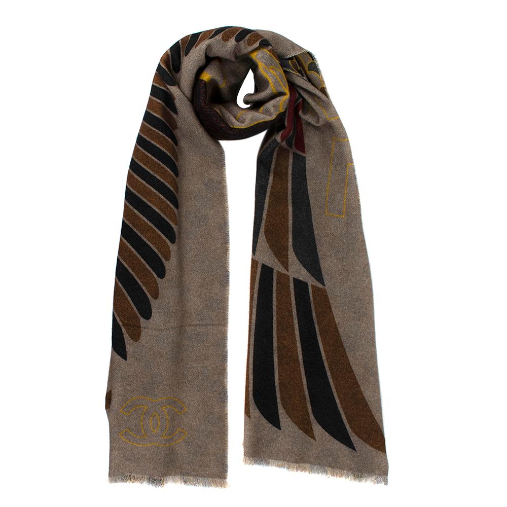 Chanel Brown & Black Cashmere Coco Wings Paris/Egypt Stole In New Condition In London, GB