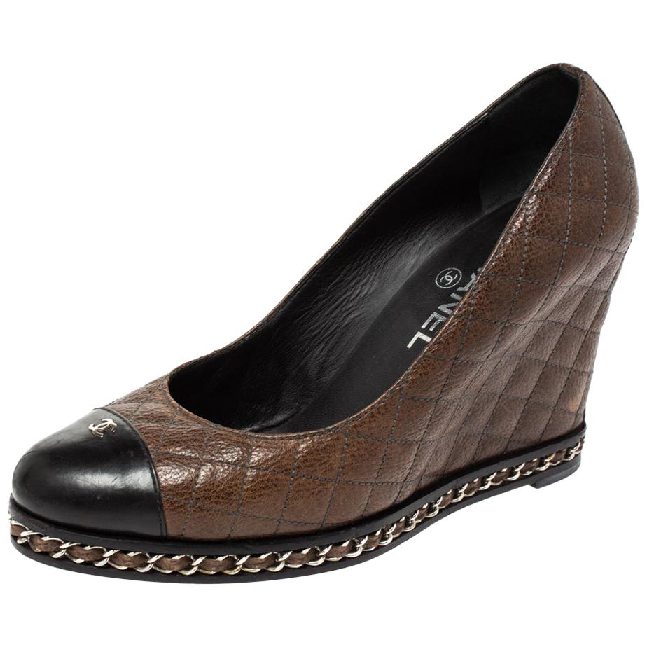 Chanel Brown/Black Quilted Leather Escarpins Wedge Pumps Size 38.5 at  1stDibs | embellished wedge, satin pumps, smoking slippers