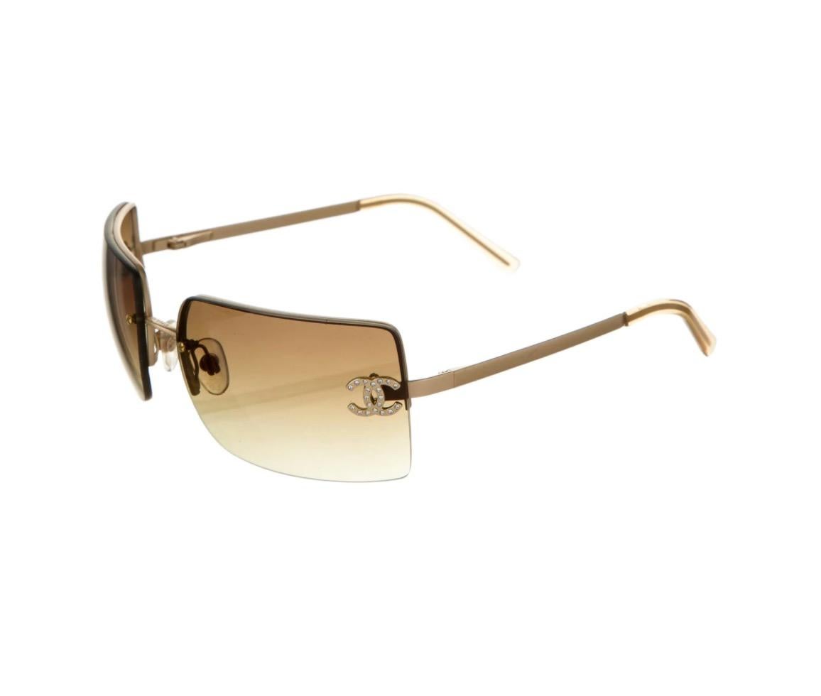 Chanel Brown Bronze Ombre Tinted Gold Crystal CC Rimless Kylie Sunglasses In Excellent Condition For Sale In Chicago, IL