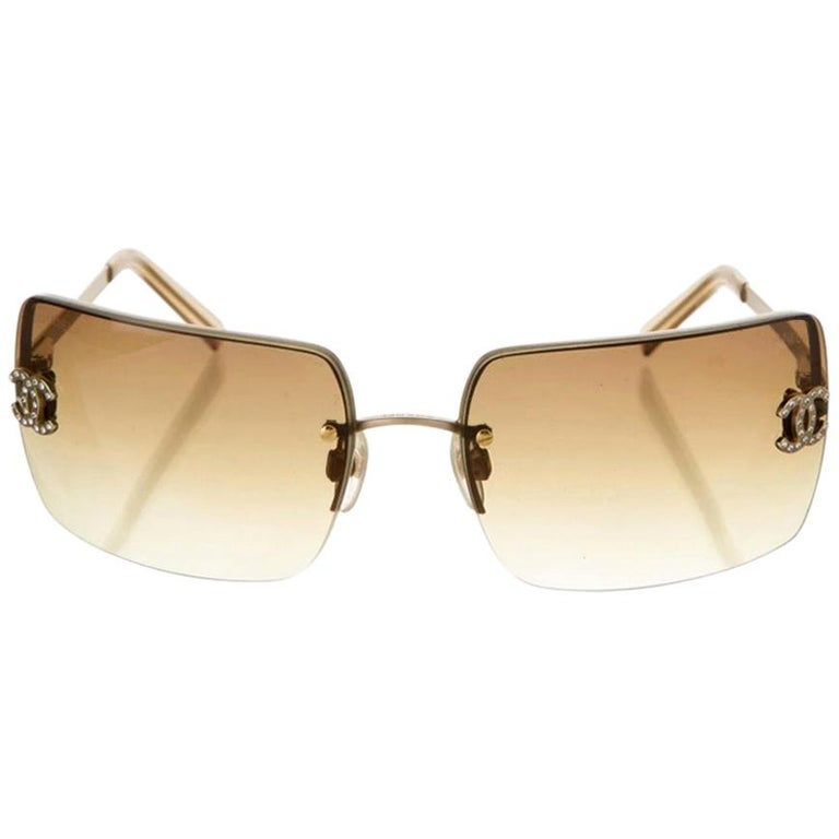 Chanel Brown Bronze Ombre Tinted Gold Crystal CC Rimless Kylie Sunglasses  at 1stDibs