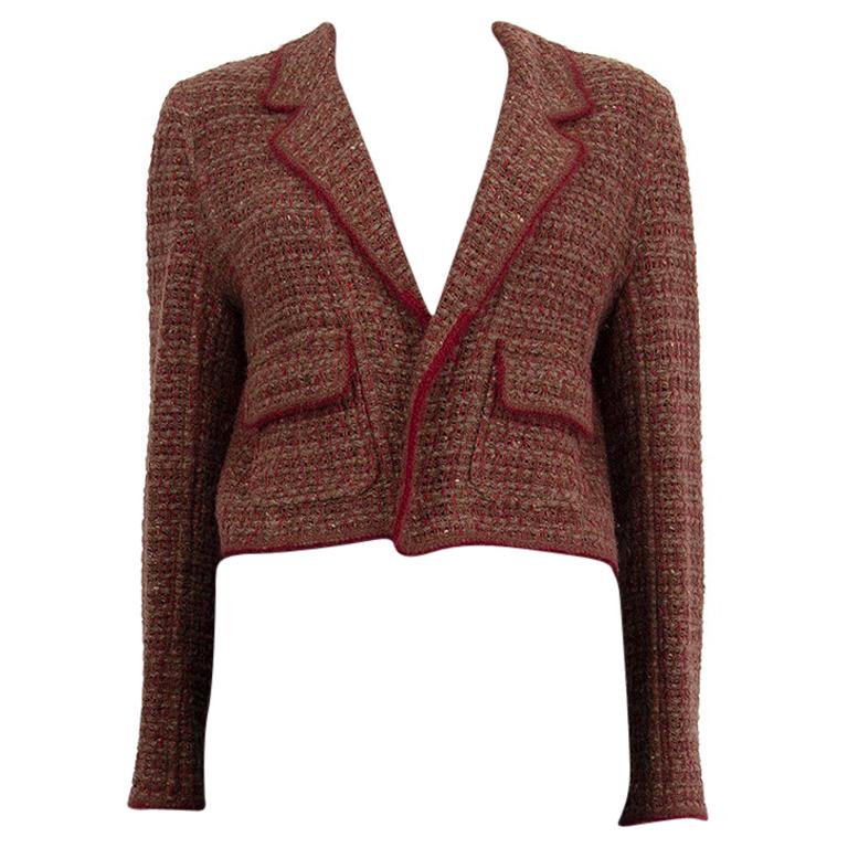 CHANEL brown burgundy  wool Cropped Knit Blazer Jacket 40 M For Sale