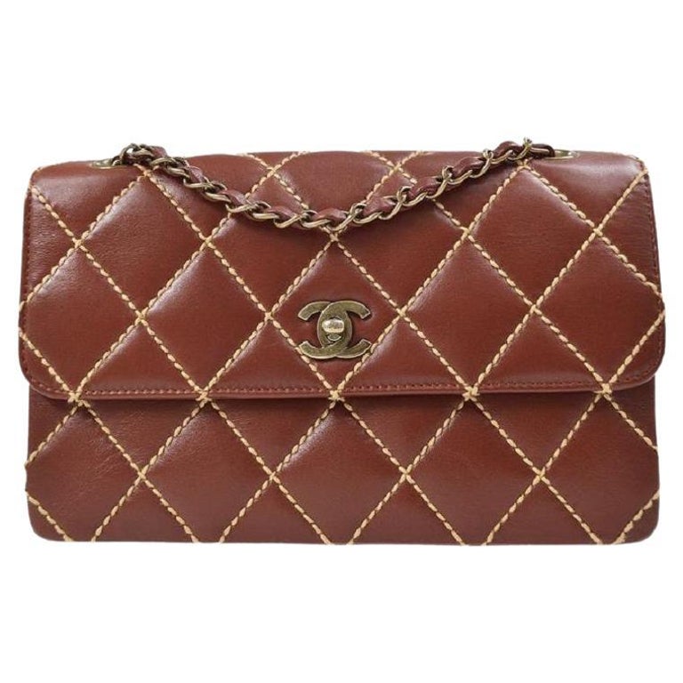 CHANEL Brown Calfskin Leather Stitch Gold Small Evening Shoulder Flap Bag  For Sale at 1stDibs