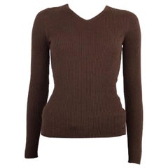 CHANEL brown cashmere & silk RIB V-Neck Sweater 42 L