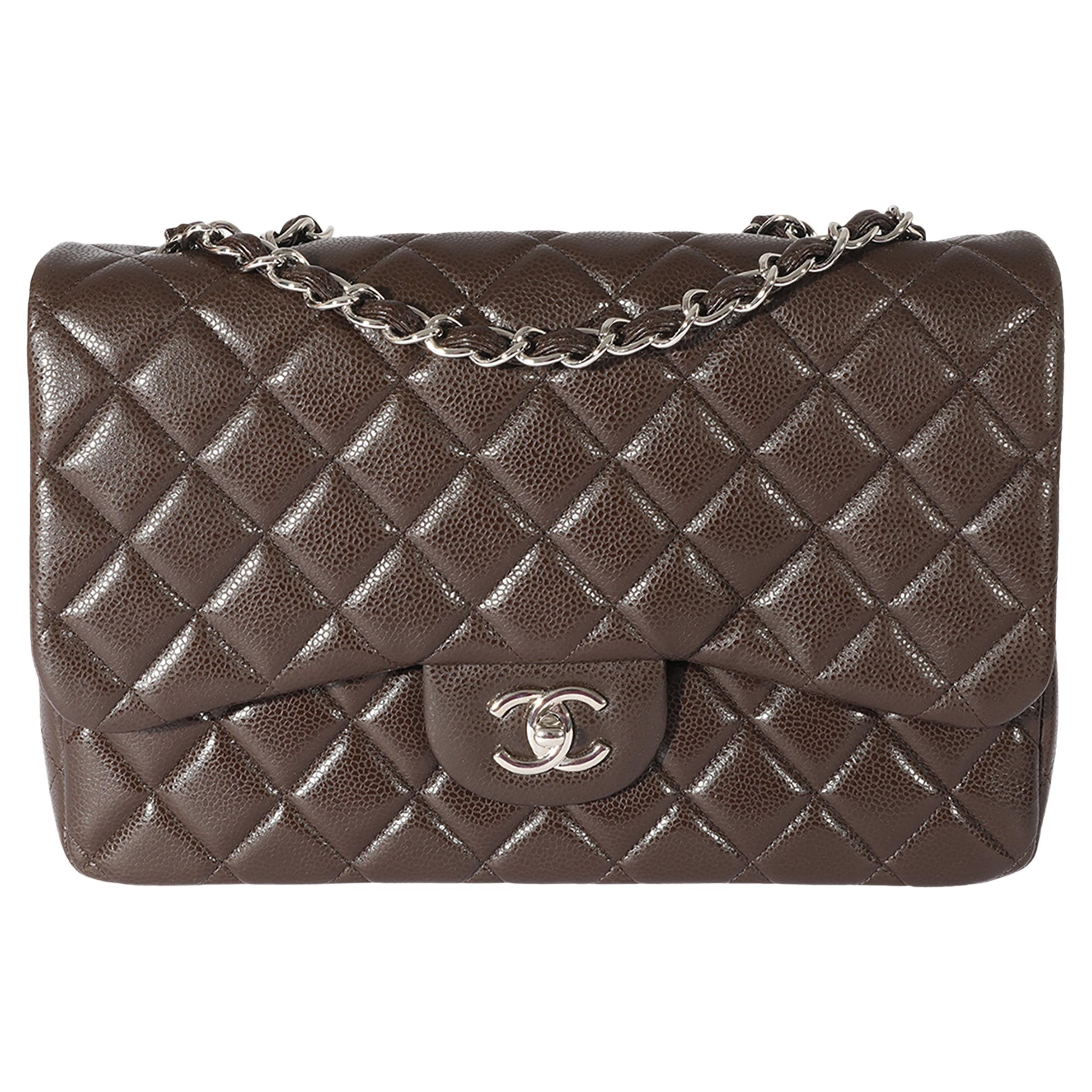 Chanel Brown Caviar Leather Classic Jumbo Singl Flap
