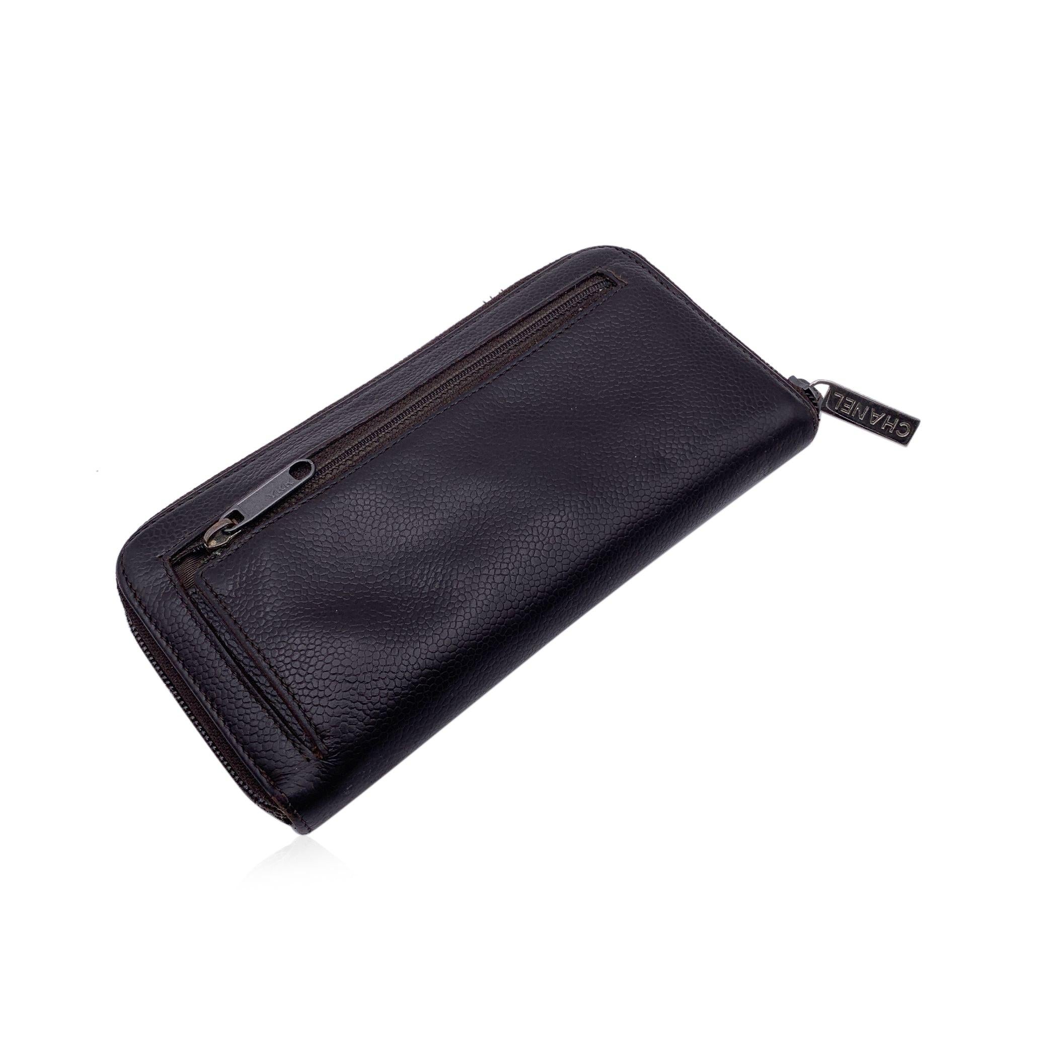 Black Chanel Brown Caviar Timeless CC Logo Long Zip Wallet with Defects