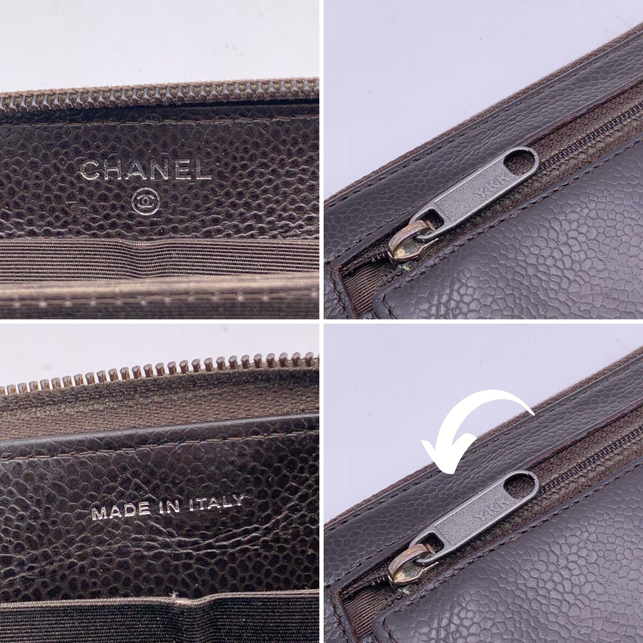 Women's Chanel Brown Caviar Timeless CC Logo Long Zip Wallet with Defects