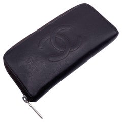 Chanel Brown Caviar Timeless CC Logo Long Zip Wallet with Defects