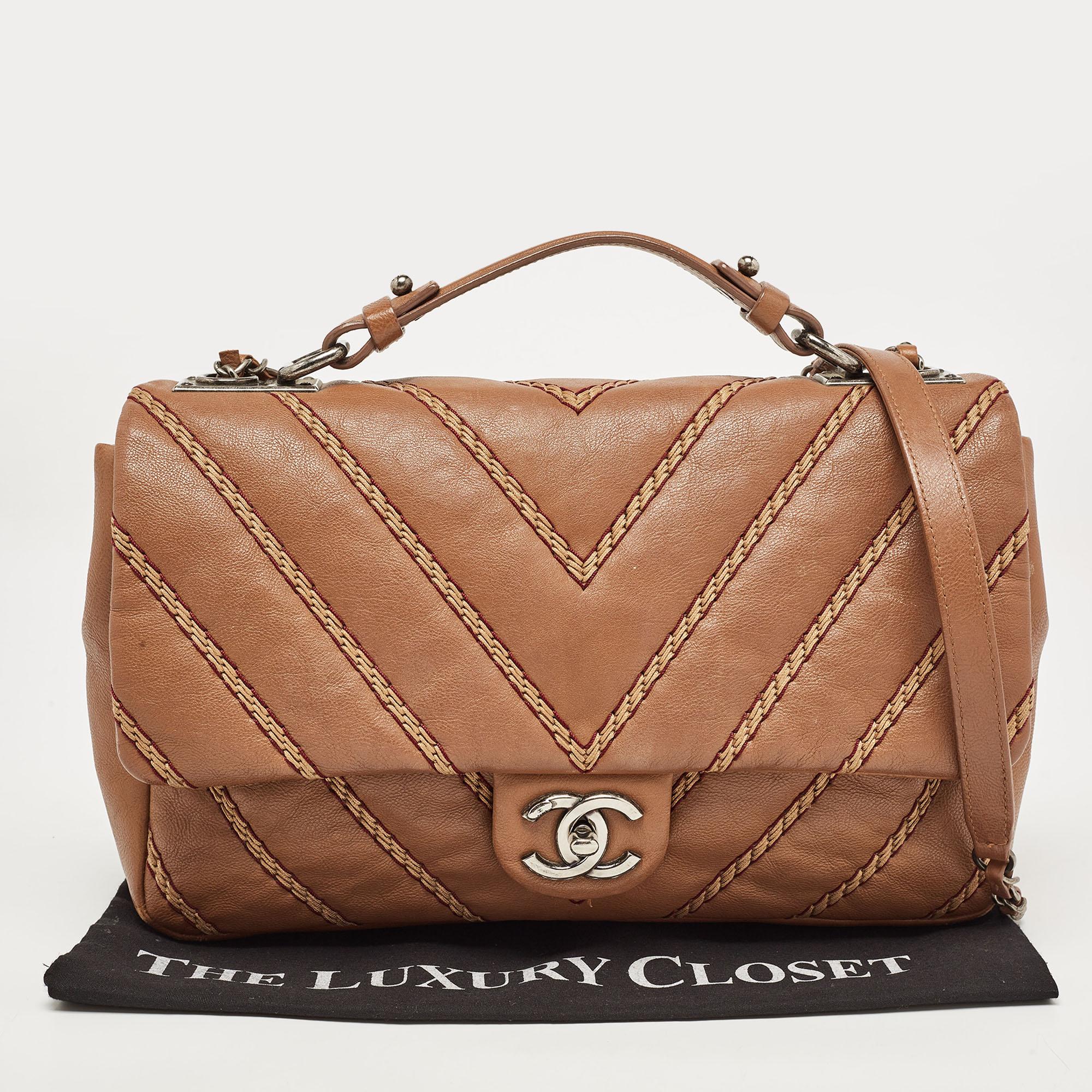 Chanel Brown Chevron Stitched Leather Classic Top Handle Bag For Sale 6