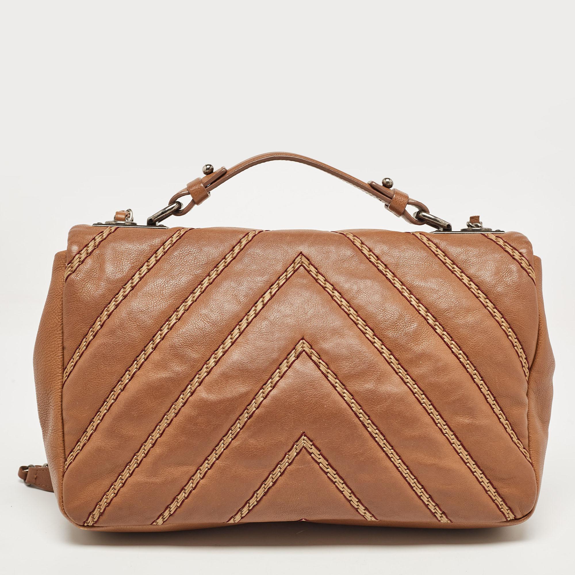 Chanel Brown Chevron Stitched Leather Classic Top Handle Bag For Sale 3