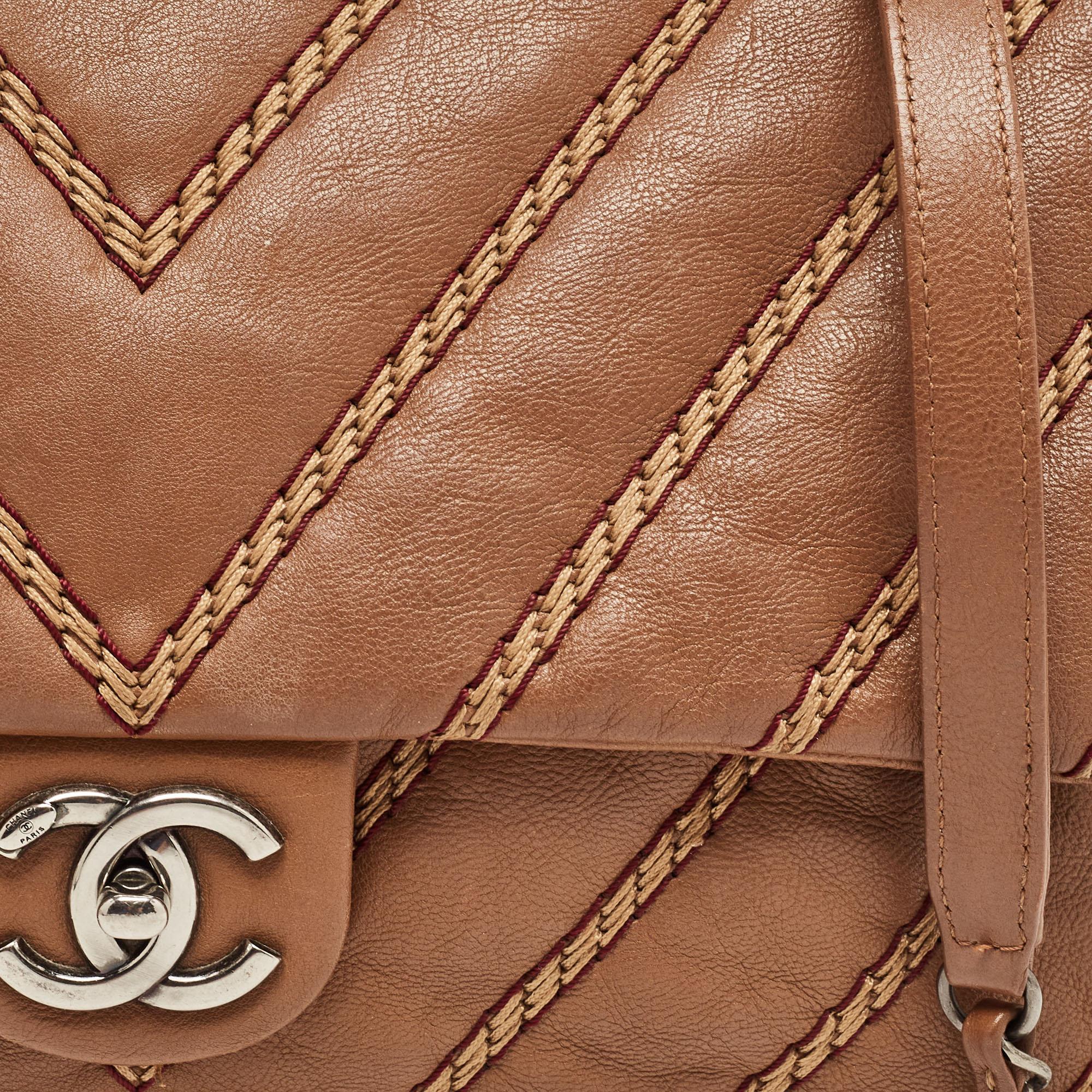 Chanel Brown Chevron Stitched Leather Classic Top Handle Bag For Sale 4