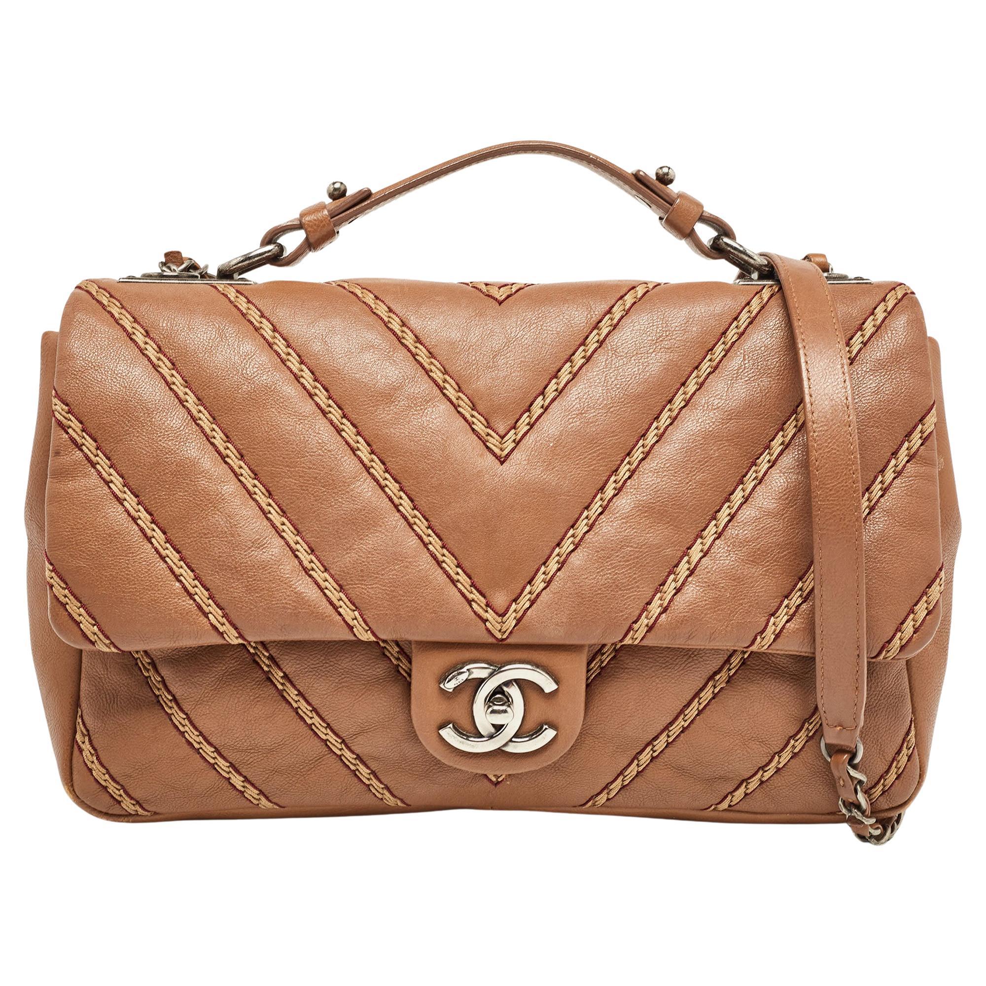 Chanel Brown Chevron Stitched Leather Classic Top Handle Bag For Sale