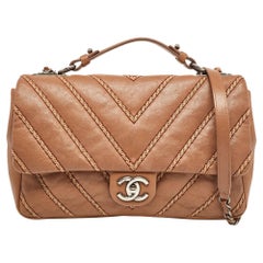 Chanel Brown Chevron Stitched Leather Classic Top Handle Bag