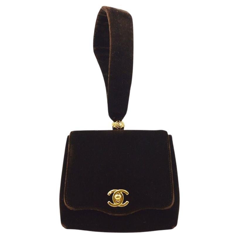 CHANEL Brown Chocolate Brown Velvet Gold Small Mini Evening Wristlet Bag