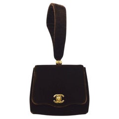 Vintage CHANEL Brown Chocolate Brown Velvet Gold Small Mini Evening Wristlet Bag