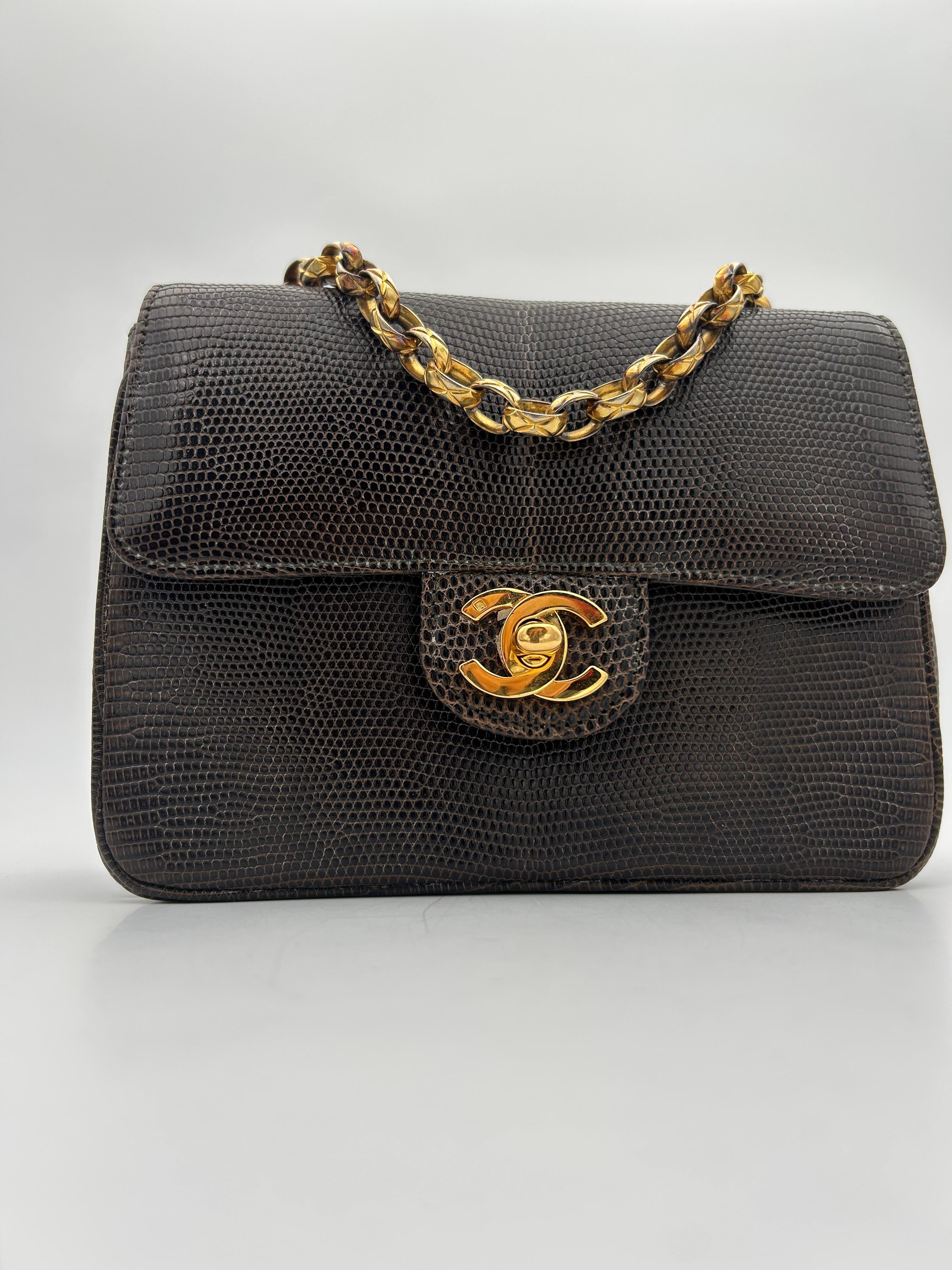 Black Chanel Brown Classic Lizard Leather Flap Bag 1996 For Sale