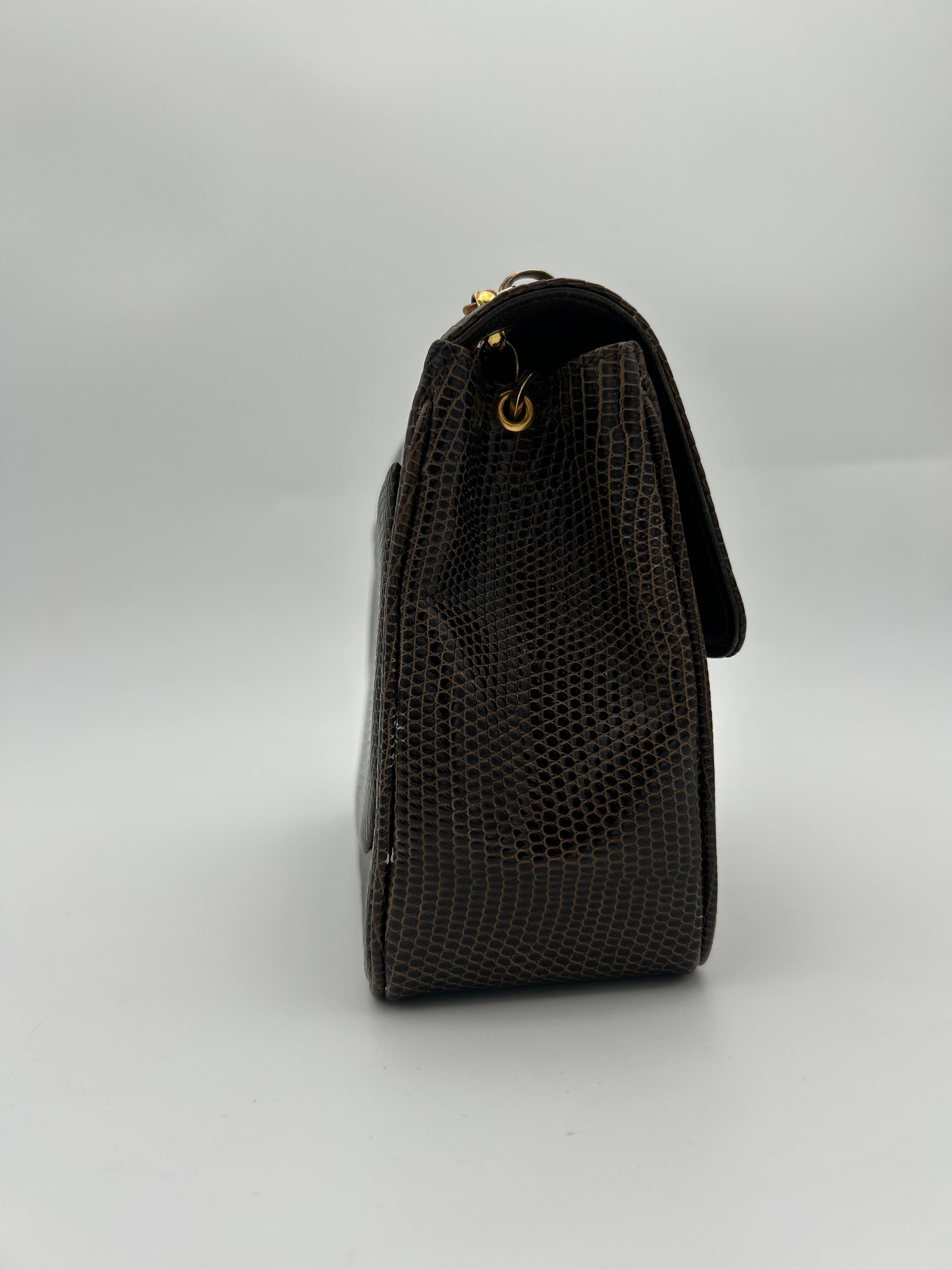 Chanel Brown Classic Lizard Leather Flap Bag 1996 In Good Condition For Sale In Palm Beach, FL