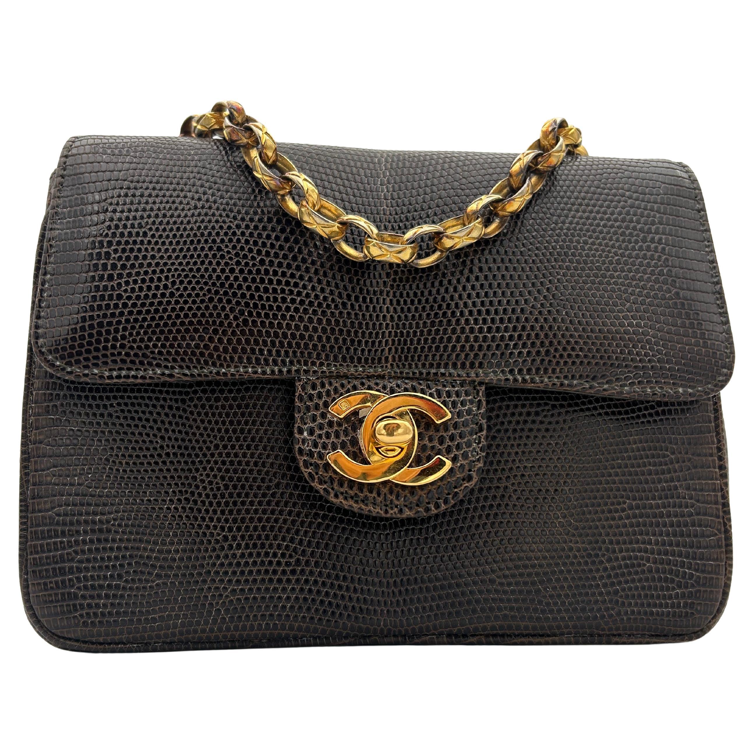 Chanel Brown Classic Lizard Leather Flap Bag 1996 For Sale