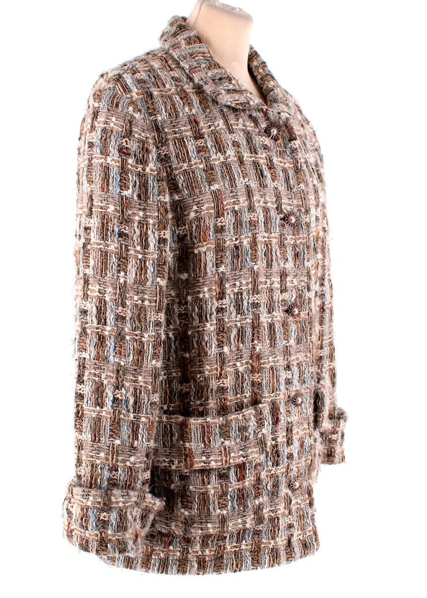 Chanel Brown, Cream & Blue Wool Blend Tweed Classic Jacket 

-Made of a soft wool
-Gorgeous cream tweed texture with hues of brown blue and red
-Classic single breasted cut
-Metal buttons with faux pearl details  
-Luxurious silk lining
-2 pockets