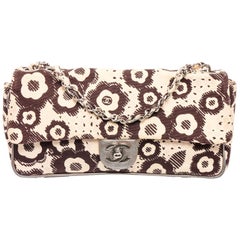 Chanel Brown Cream Camelia Pattern Fabric Flap Shoulder Bag