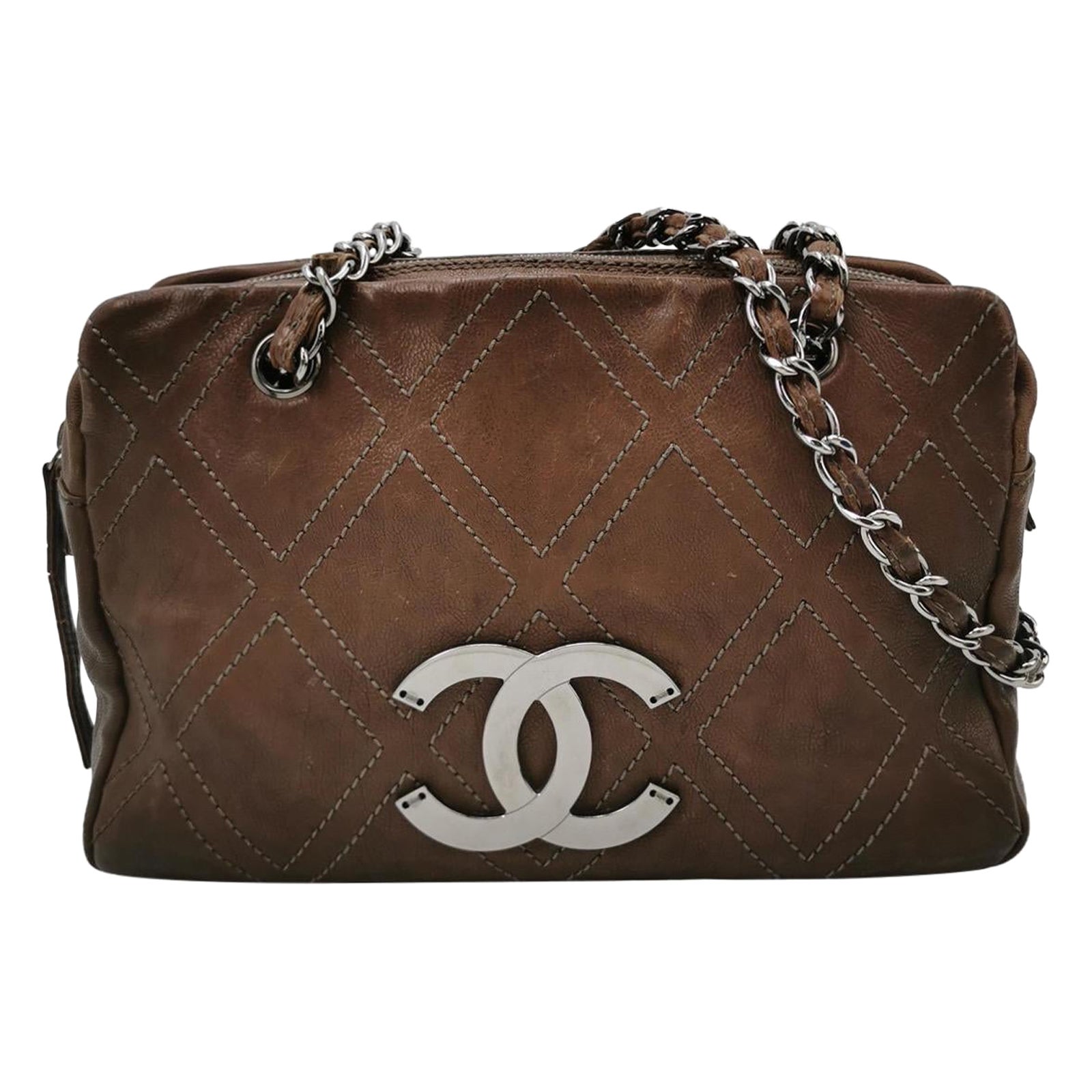 Chanel Brown Diamond Stitch Tote Calfskin Leather Zipper Bowler 2005-2006