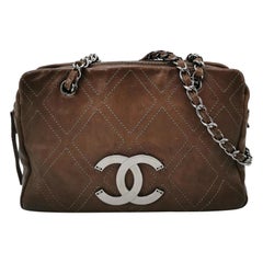 Chanel Brown Diamond Stitch Tote Calfskin Leather Zipper Bowler 2005-2006