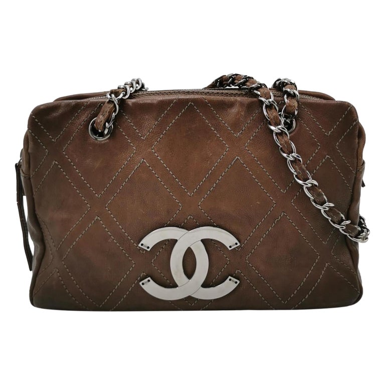 Chanel Brown Diamond Stitch Tote Calfskin Leather Zipper Bowler