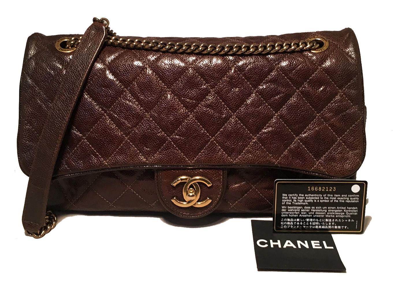 Chanel Brown Distressed Caviar Leather Quilted Classic Flap Shoulder Bag  3