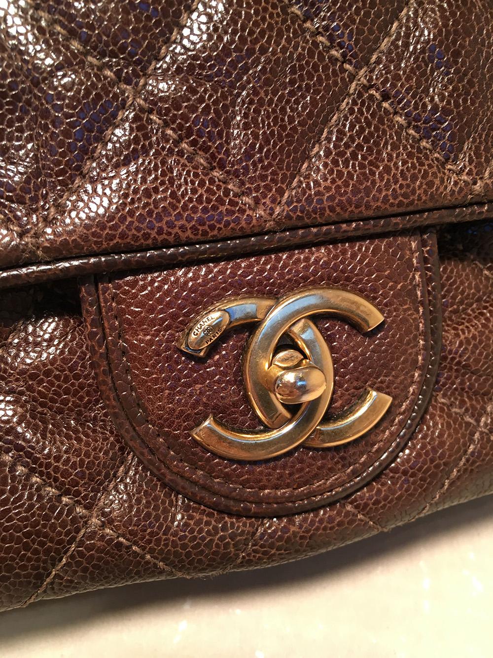 Black Chanel Brown Distressed Caviar Leather Quilted Classic Flap Shoulder Bag 