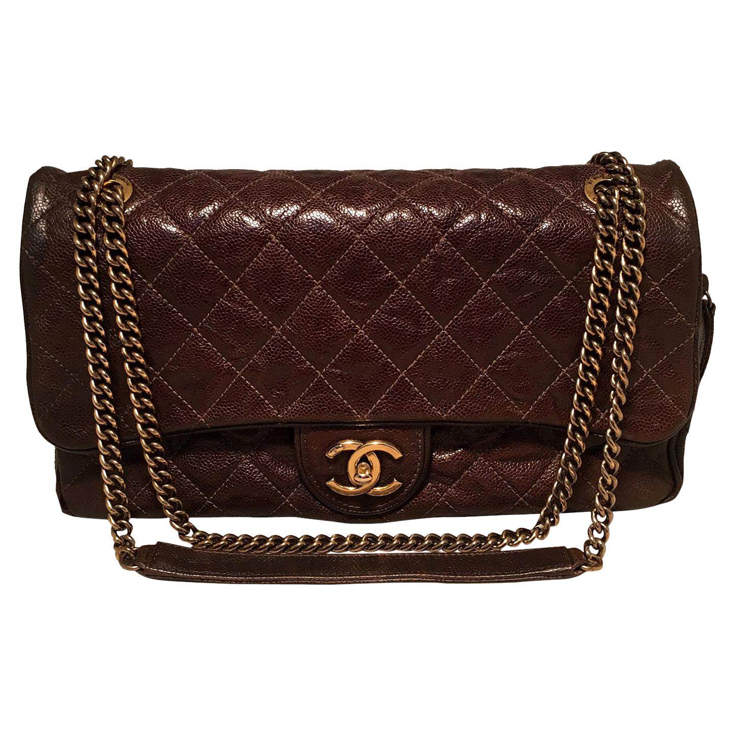 Chanel Brown Distressed Caviar Leather Quilted Classic Flap Shoulder Bag 