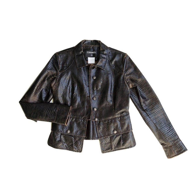 Chanel Brown Embossed and Distressed Leather Jacket For Sale at 1stDibs ...