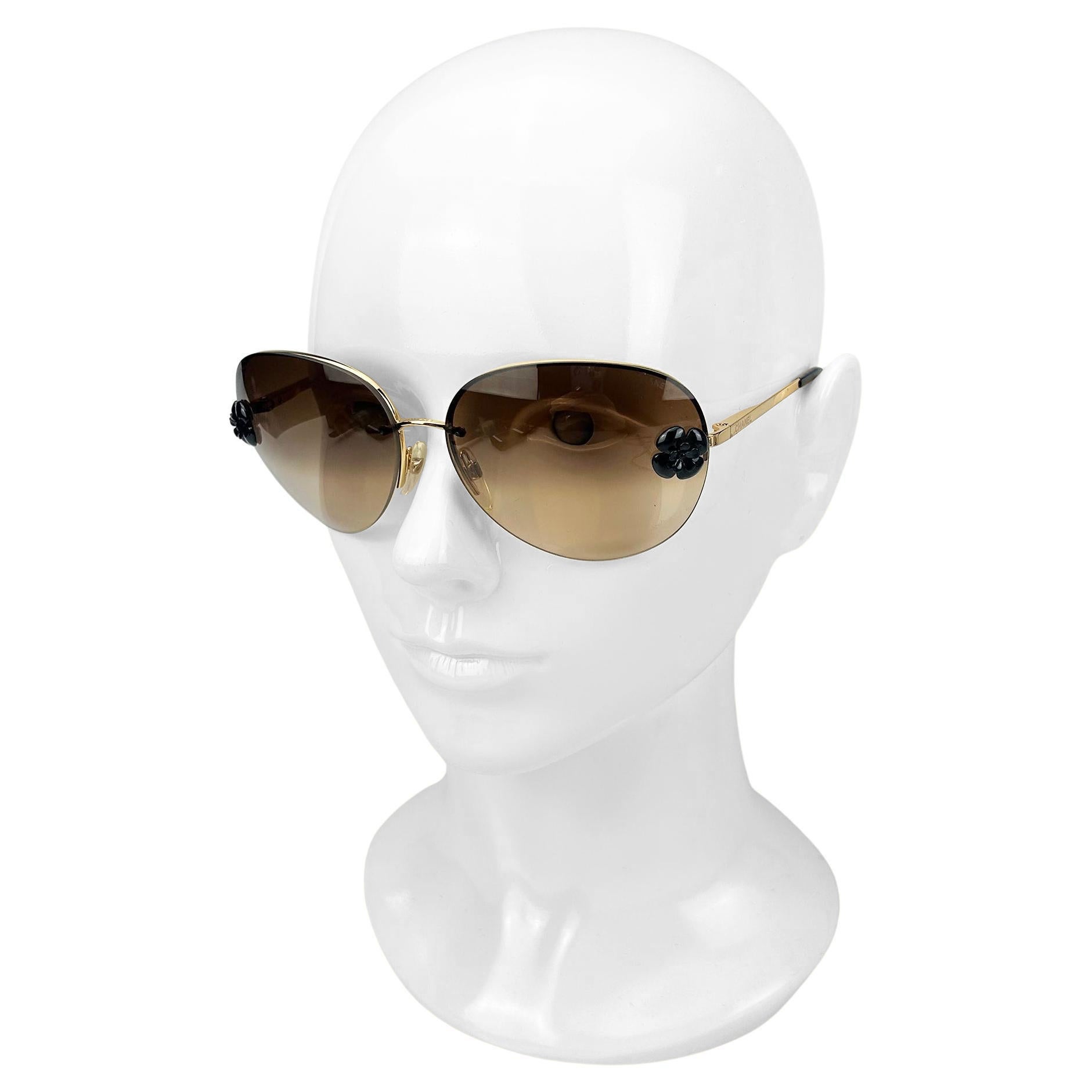 Chanel Brown rahmenlose Aviator-Sonnenbrille mit schwarzer Blume