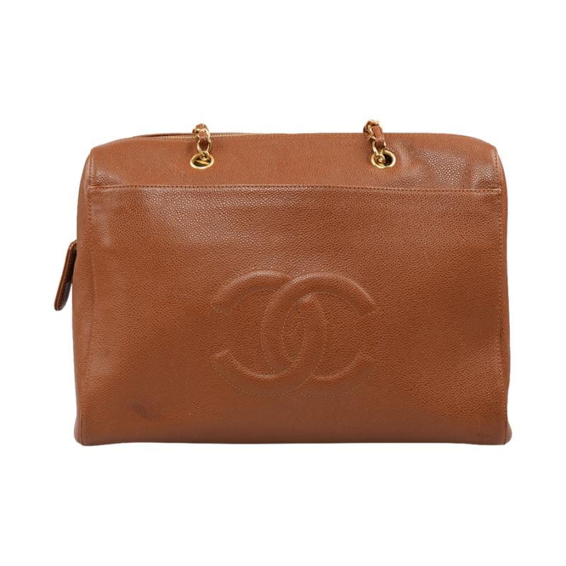 Brown CHANEL brown grained leather tote bag For Sale