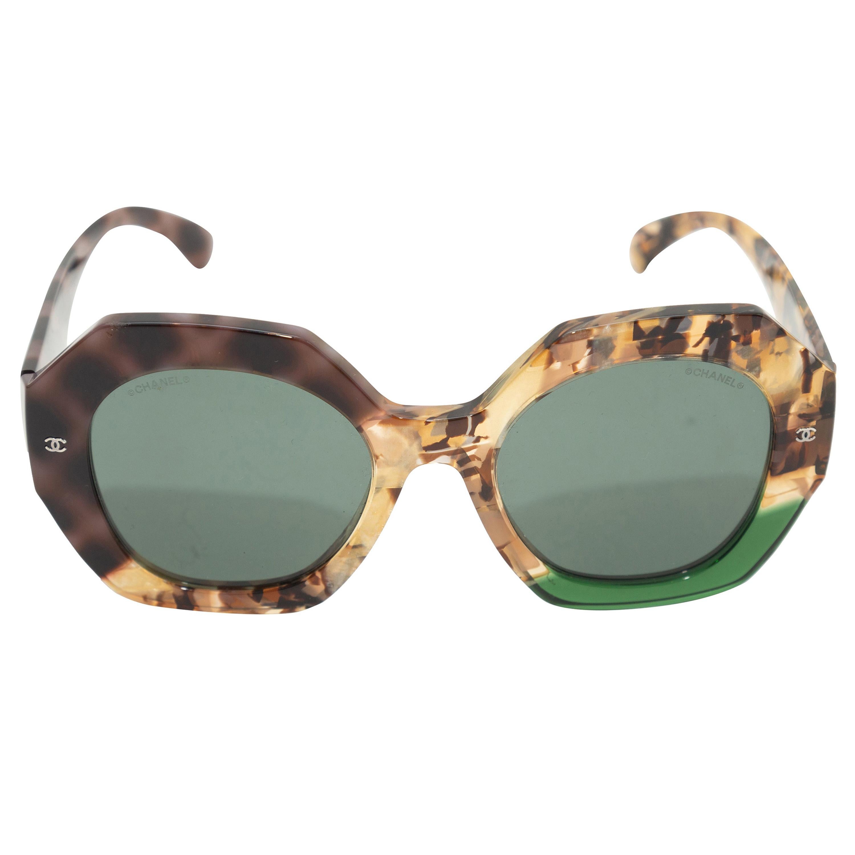 Chanel Brown & Green Oversize Heptagon Sunglasses