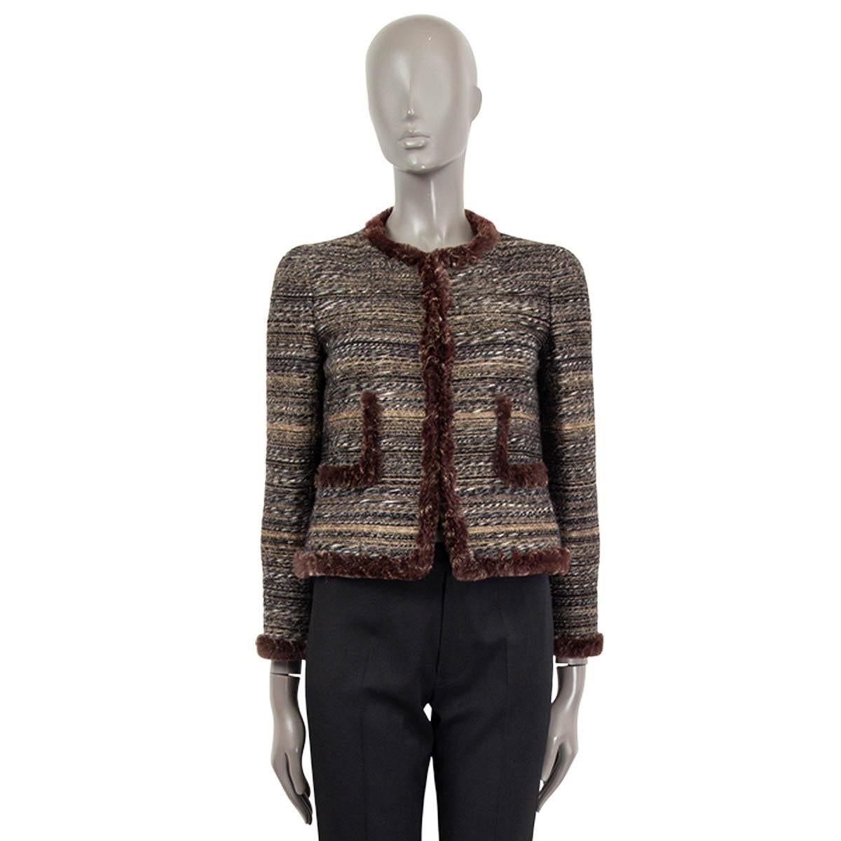 Grigio CHANEL marrone grigio 2005 05A Pelliccia di coniglio con bordo TWEED Giacca S in vendita