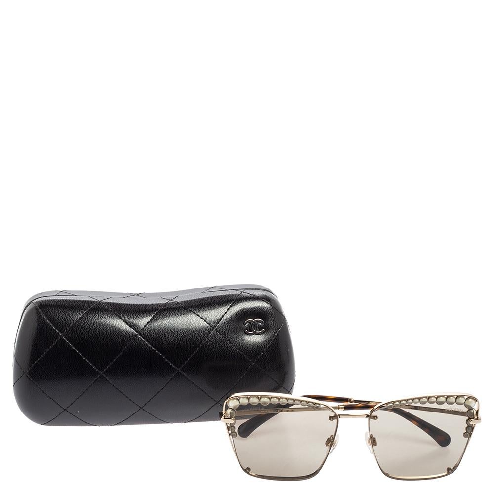 Women's Chanel Brown Havana/Gold Tone 4235H Pearl Embellished Cat Eye Sunglasses