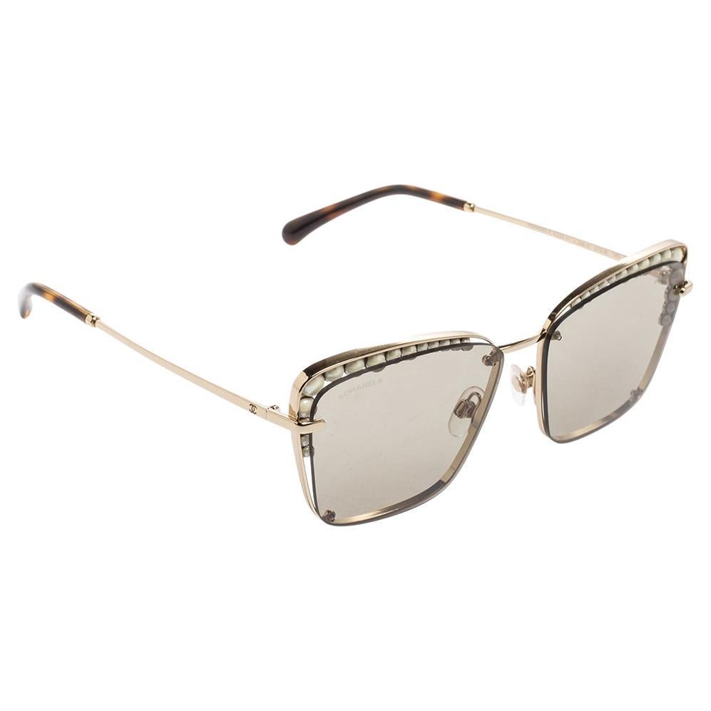 Chanel Brown Havana/Gold Tone 4235H Pearl Embellished Cat Eye Sunglasses