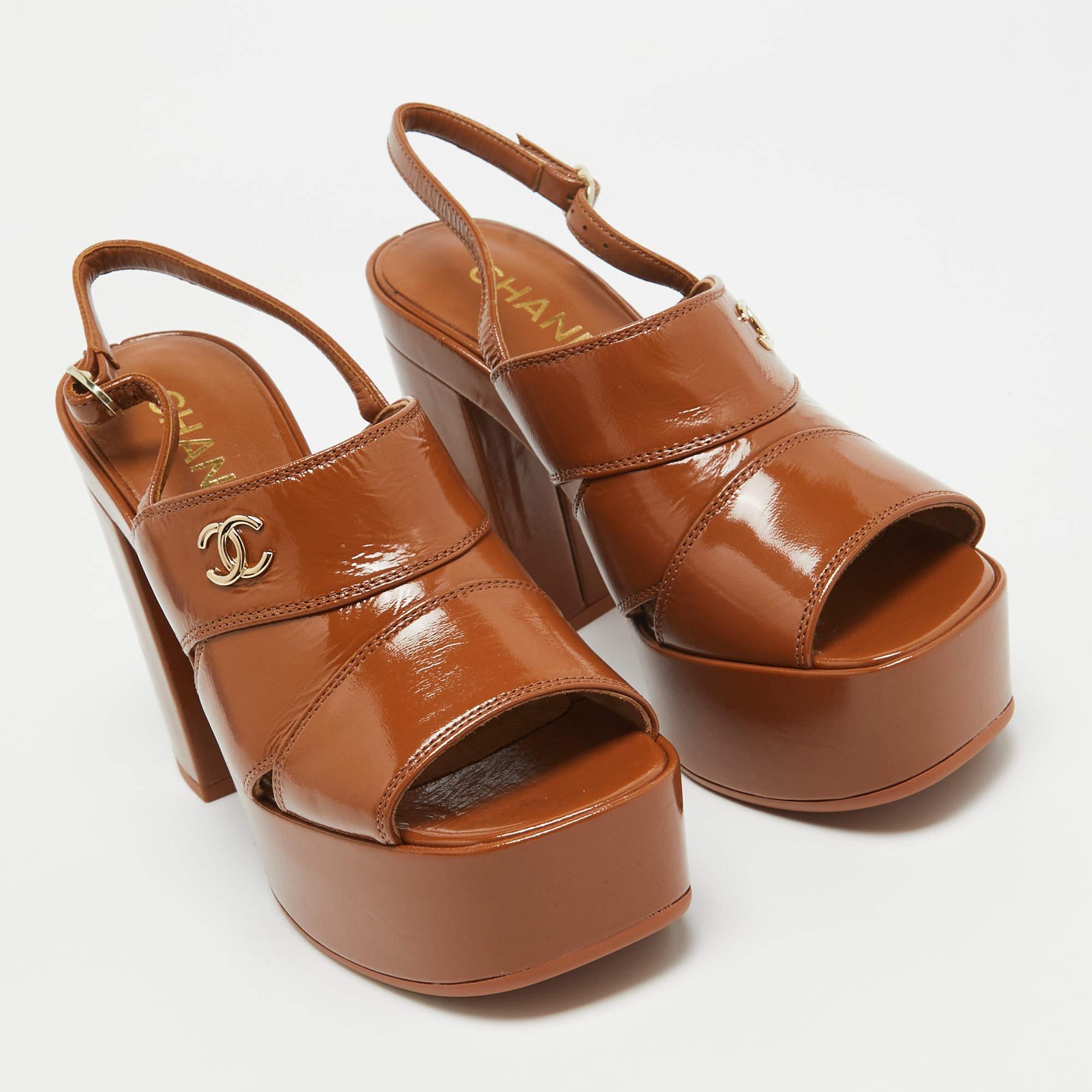 Women's Chanel Brown Interlocking CC Logo Leather Slingback Sandals Size 37