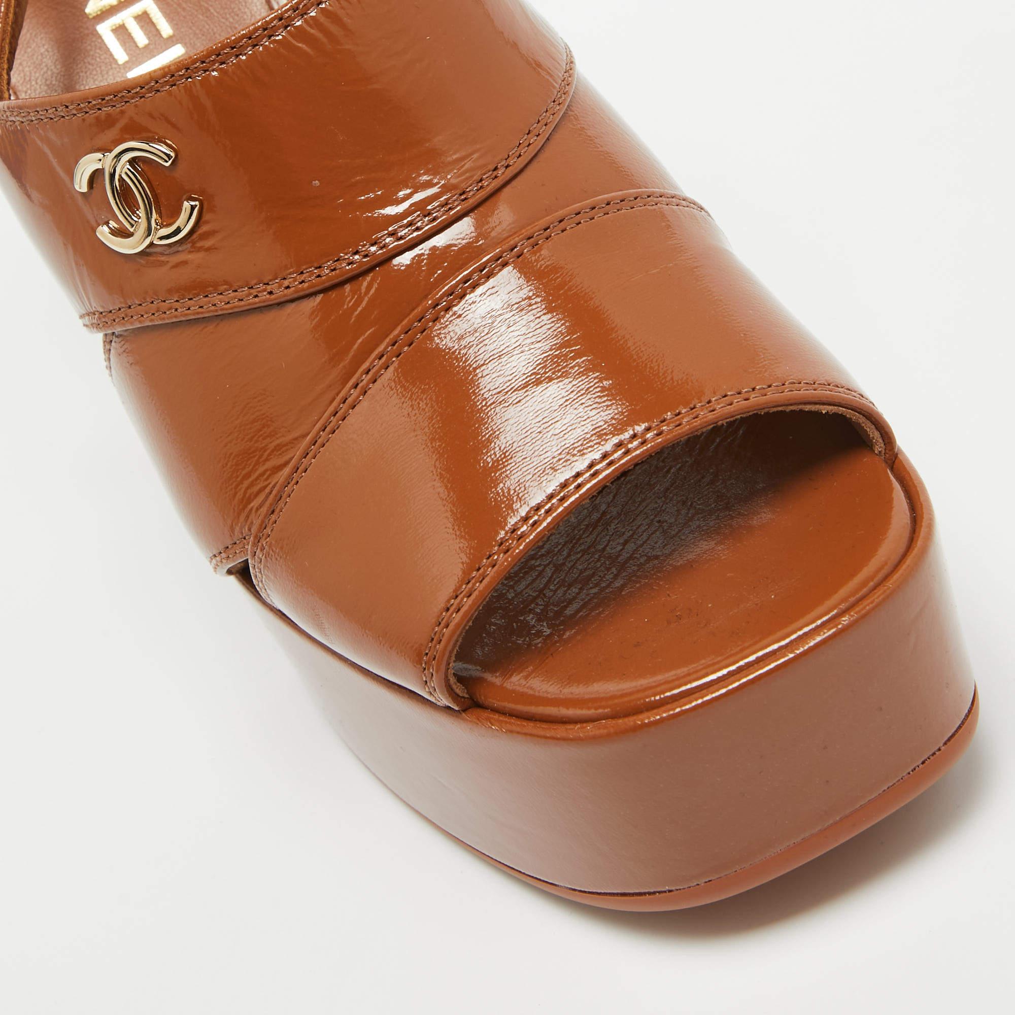 Chanel Brown Interlocking CC Logo Leather Slingback Sandals Size 37 3