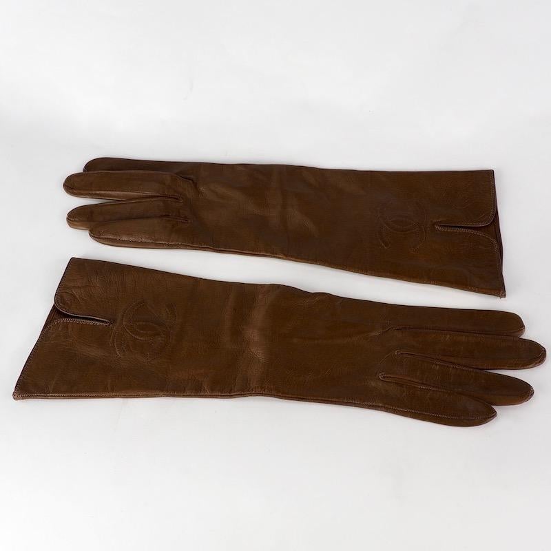Chanel Brown Kidskin Leather Gloves In Excellent Condition For Sale In London, GB