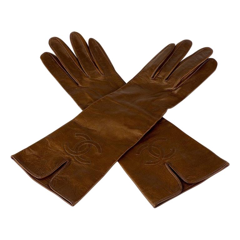 Chanel Brown Kidskin Leather Gloves For Sale