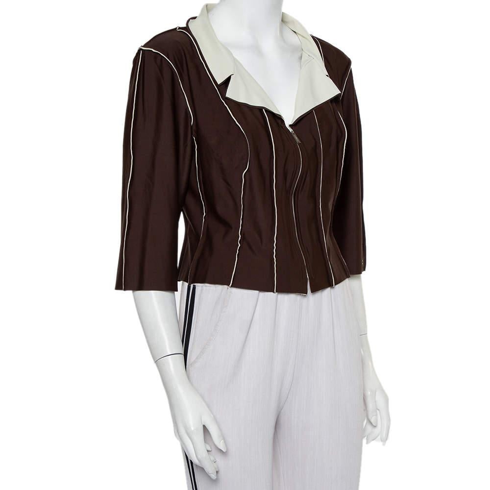 Women's Chanel Brown Knit Paneled Zip Front Cropped Jacket L For Sale